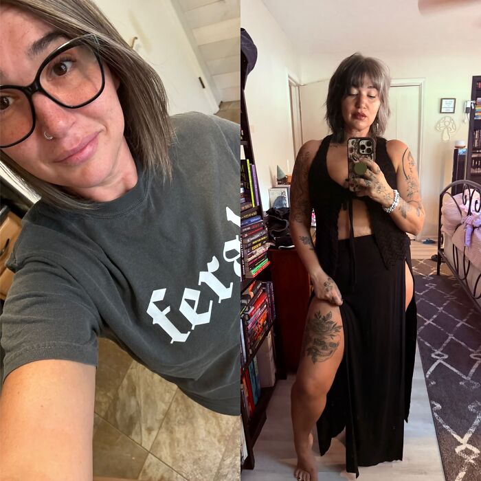 A woman's breakup transformation, displaying her change from a casual style to a bold and confident look with tattoos.