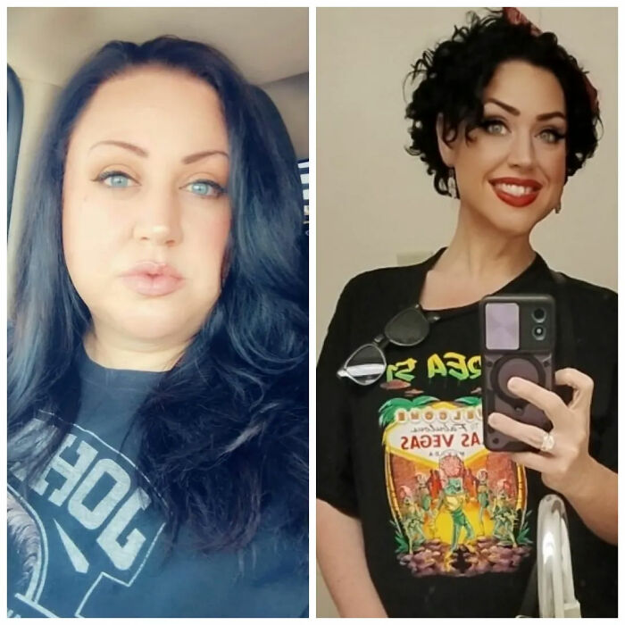 A woman's breakup transformation: before and after, with a noticeable change in facial features and hair style.