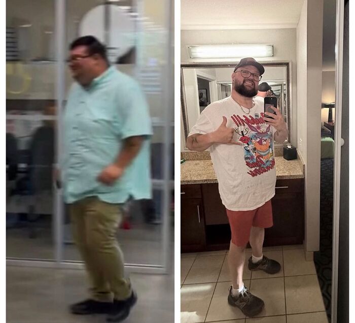 A man's breakup transformation: before and after, highlighting weight loss and a thumbs-up pose.