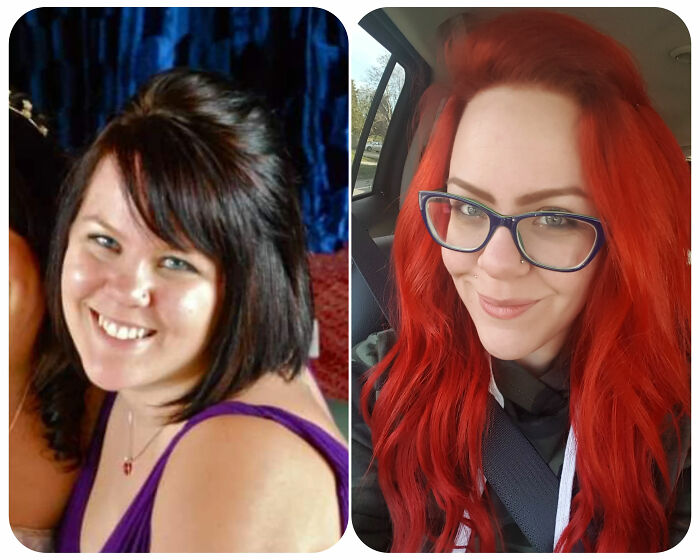 A woman's breakup transformation: before and after, showing a happier look and new red hair.