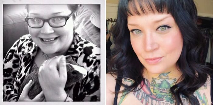 A woman in black and white before, now colorful with tattoos, illustrates a dramatic breakup transformation and peace.