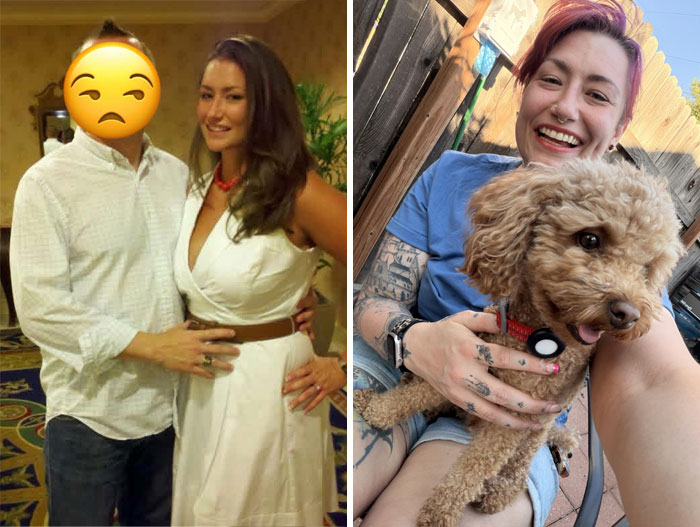 A woman with a blurred face in the past, now joyfully holds a dog, showcasing her breakup transformation and inner peace.