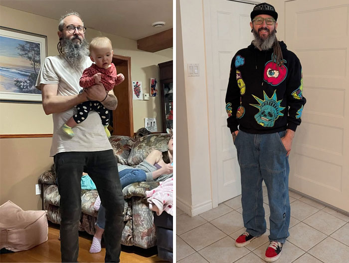 A man with a long beard and a baby shows his breakup transformation, radiating peace and happiness after a split.