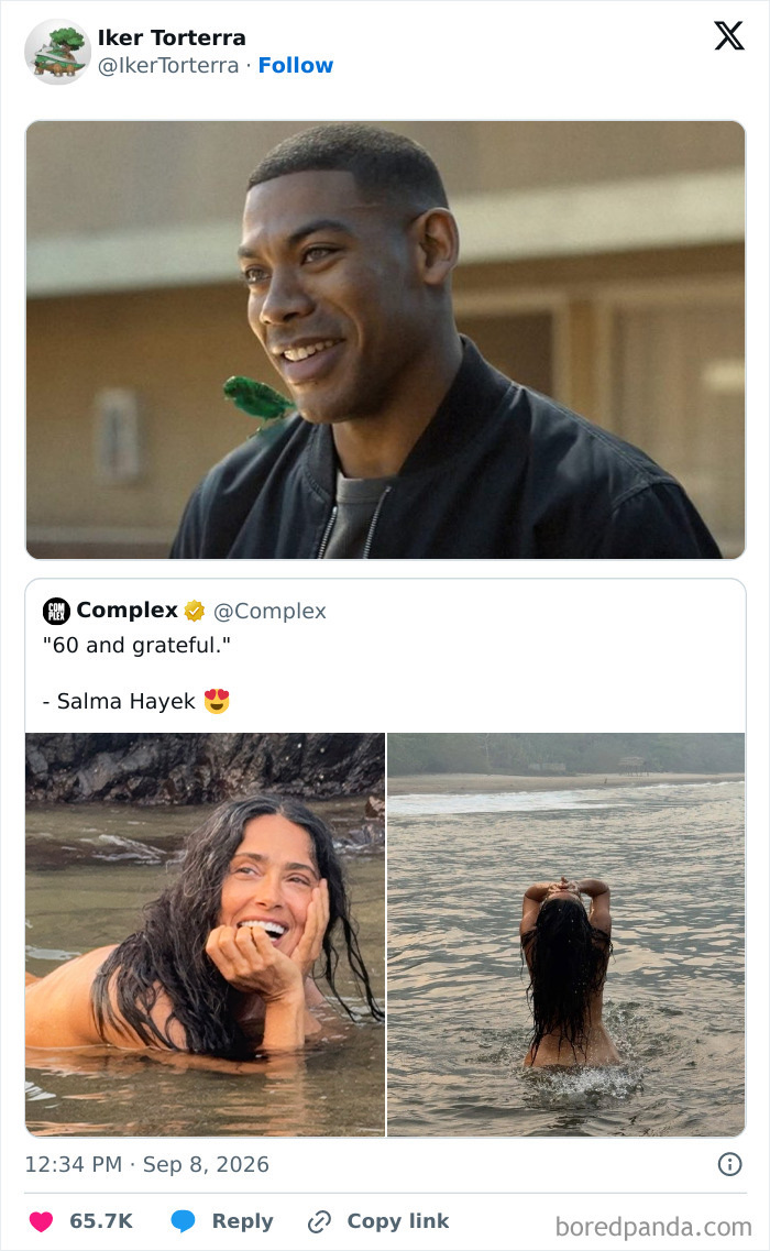 A man smiles with a lizard on his shoulder, contrasting with Salma Hayek in water, part of superhero show memes.