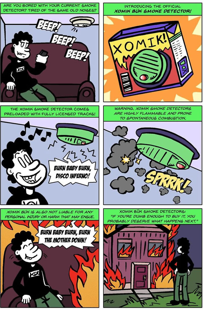 One And Only Comics panel featuring a highly flammable smoke detector joke