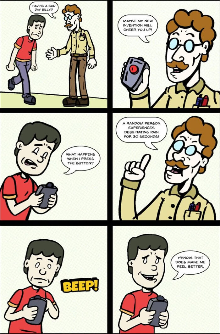 Humorous One And Only Comics strip about a pain-inducing button invention