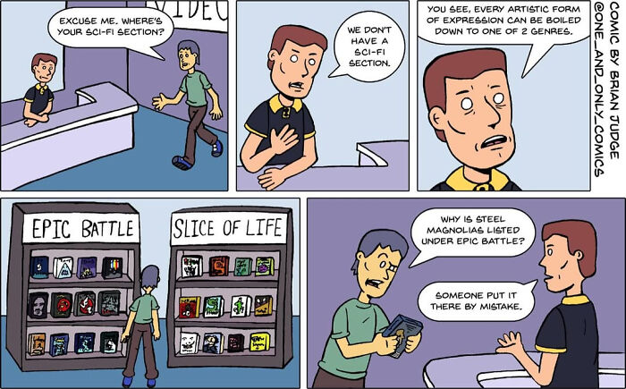 One And Only Comics showing a humorous debate on movie genres at a video store.