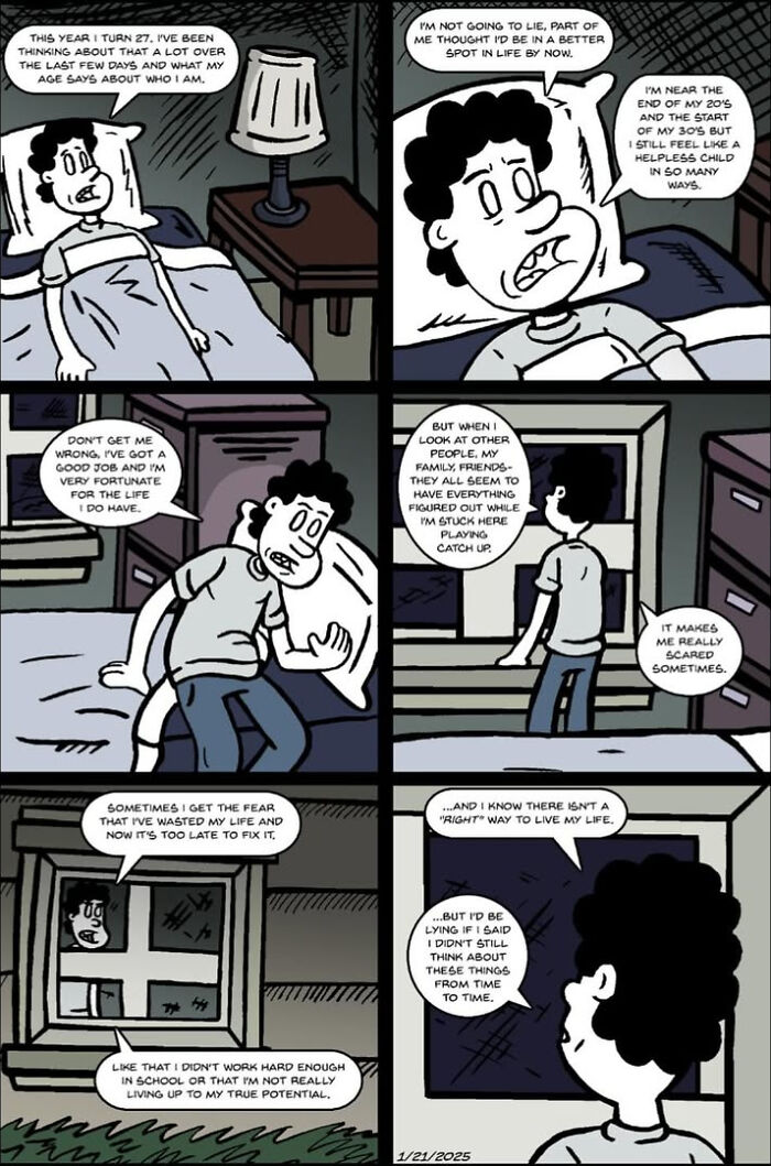 One And Only Comics strip depicting a man reflecting on his late twenties and life choices in bed.