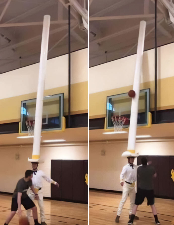 Hilarious photos: Two split images of a person wearing a tall cowboy hat playing basketball.