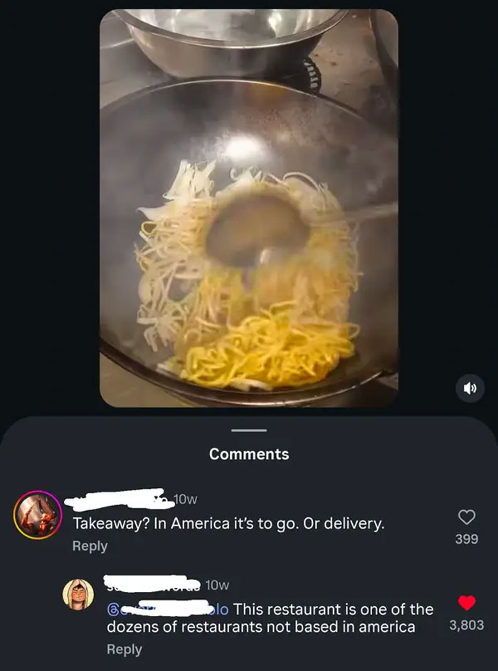 A social media post with a video of food being prepared in a wok, highlighting perceived stupidity of Americans.