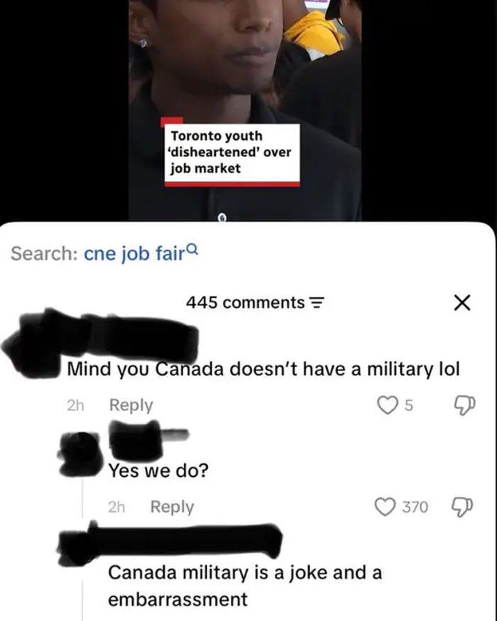 Social media comments debating Canada's military, showing instances of American stupidity.