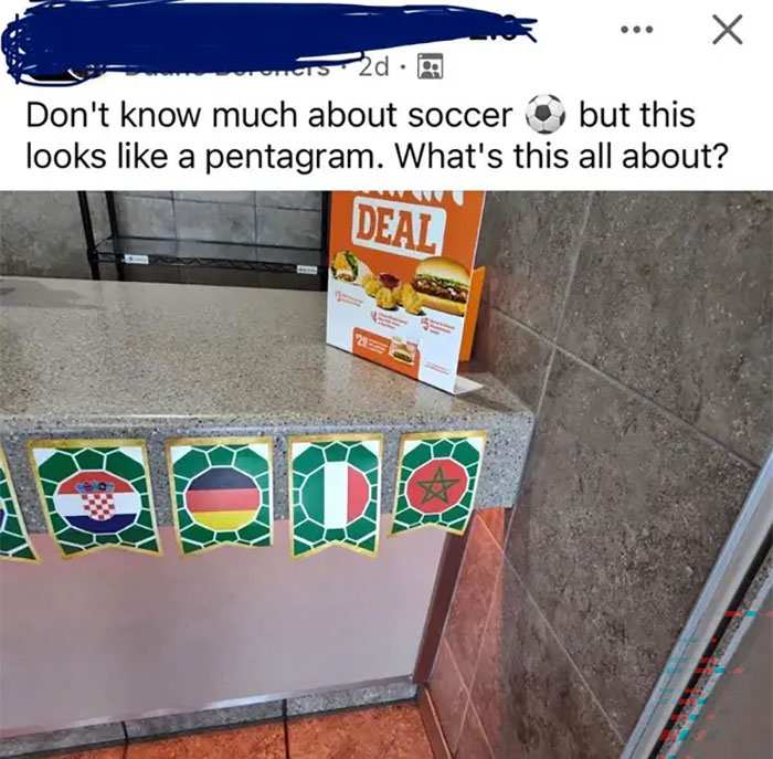 A social media post where an American asks about a soccer ball looking like a pentagram, highlighting American stupidity.