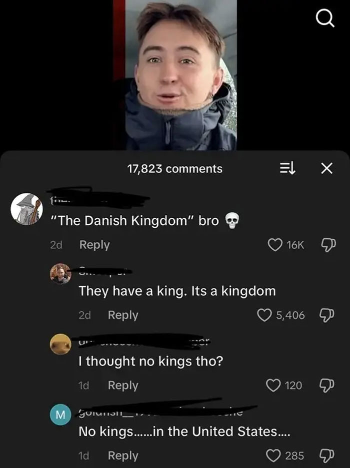 A social media conversation where users are confused about kingdoms, revealing American stupidity about global monarchies.