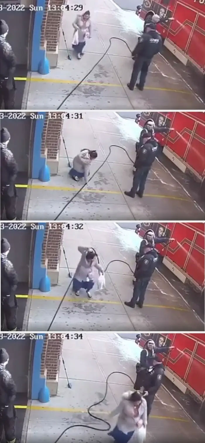 A sequence of security camera stills showing an American woman tripping over a hose, demonstrating American stupidity.