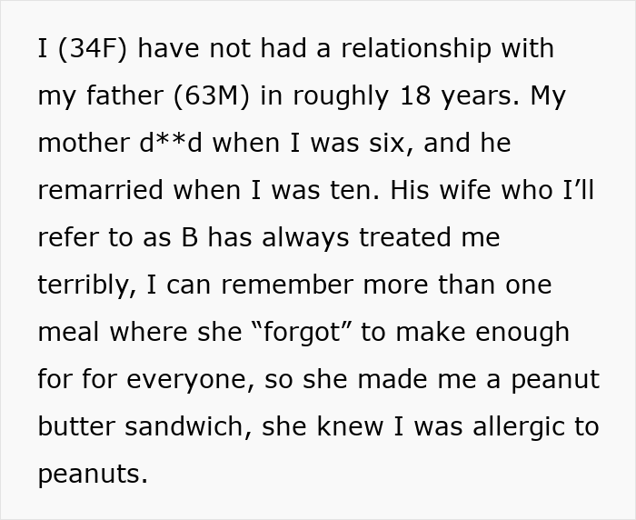 Screenshot of text detailing the strained relationship with an estranged dad and his wife who mistreated her. Screenshot of text detailing the strained relationship with an estranged dad and his wife who mistreated her.