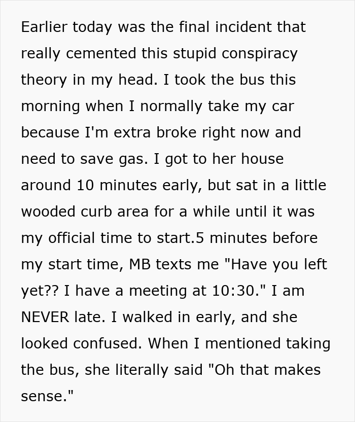 Text snippet explaining a nanny who usually takes her car to work decided to take the bus instead.