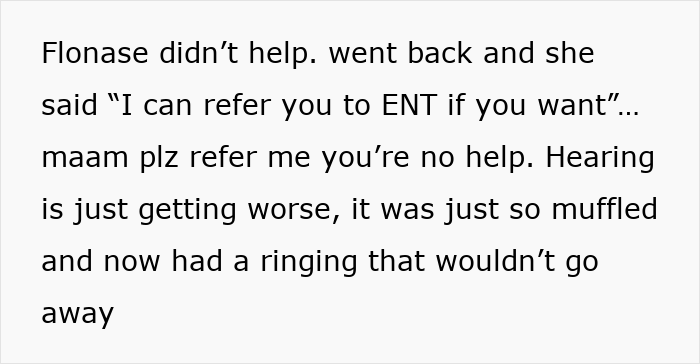 Text explaining how Flonase didn't help, worsening hearing, and a ringing in ears, pointing to rare cancer. Text explaining how Flonase didn't help, worsening hearing, and a ringing in ears, pointing to rare cancer.