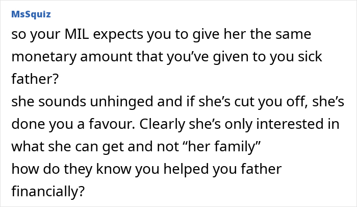 A comment about a woman's shock of her life when MIL is angry and expects financial help. A comment about a woman's shock of her life when MIL is angry and expects financial help.