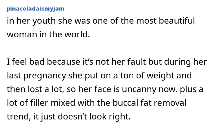 A user comment debating the viral transformation of a famous supermodel and post-pregnancy changes