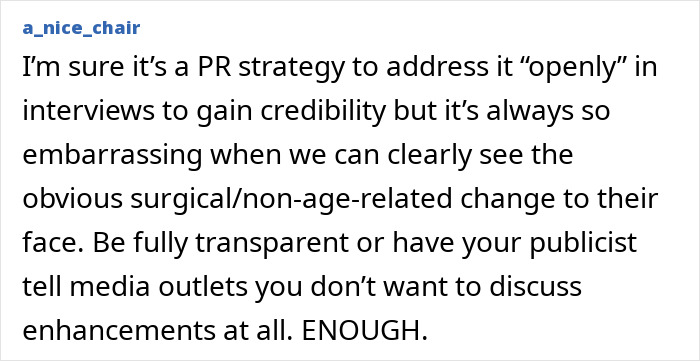 A comment from a_nice_chair on Jennifer Lawrence's plastic surgery confession, discussing PR strategy and transparency.