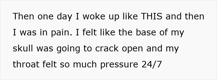 Text snippet about waking up in pain, feeling pressure at the base of the skull and throat, related to rare cancer and ears won't pop. Text snippet about waking up in pain, feeling pressure at the base of the skull and throat, related to rare cancer and ears won't pop.