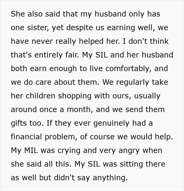 Text reveals a woman's MIL is angry, accusing her of not helping family members financially.
