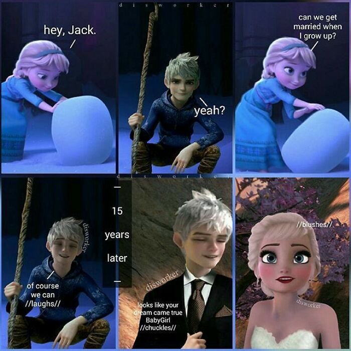 A Jack Frost and Elsa shipping comic illustration highlighting cringe memes fandoms create
