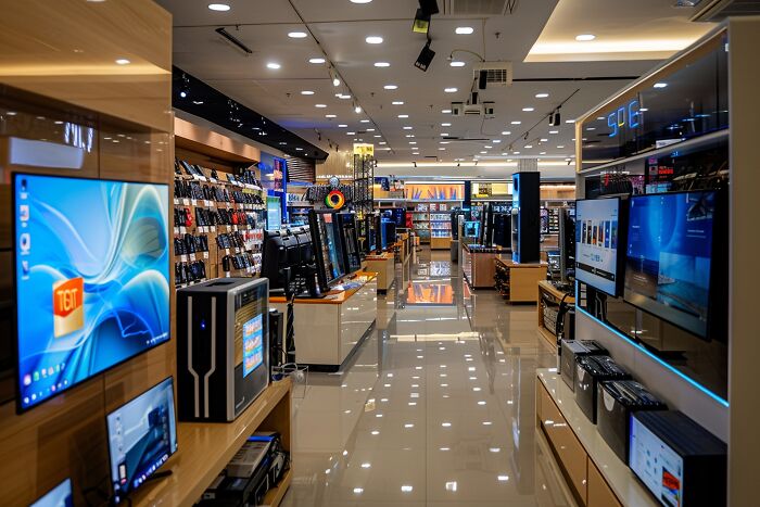 An electronics retail store, illustrating societal differences and subtle sexism in consumerism