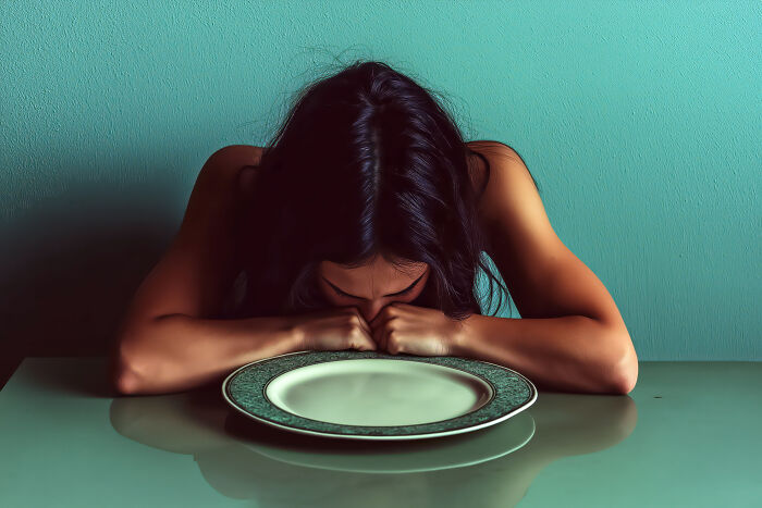 A woman with her head down on a table with an empty plate, depicting struggles with extreme illness and sickness.