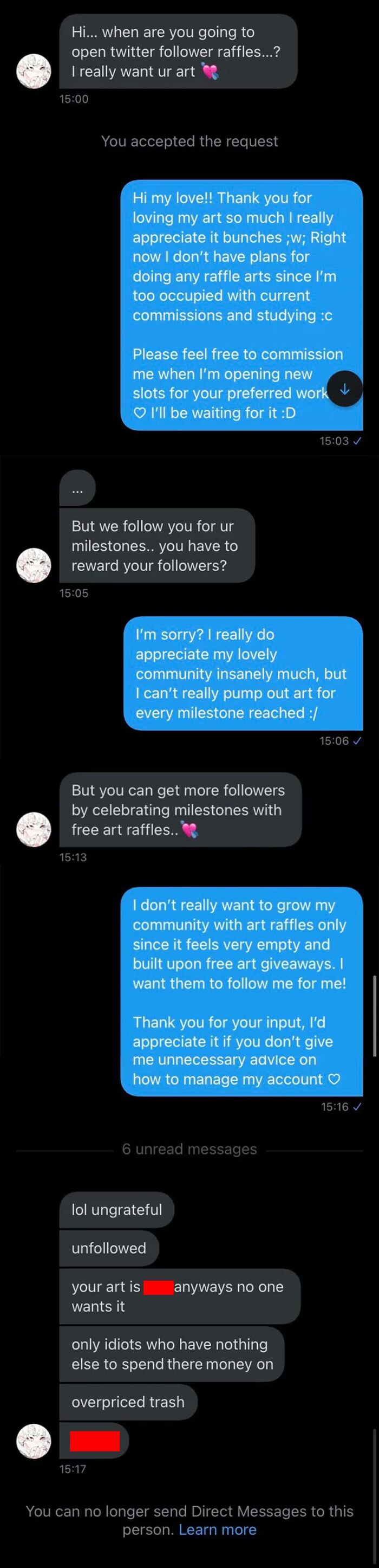 Chat log showing entitled people demanding free art raffles and insulting the artist.