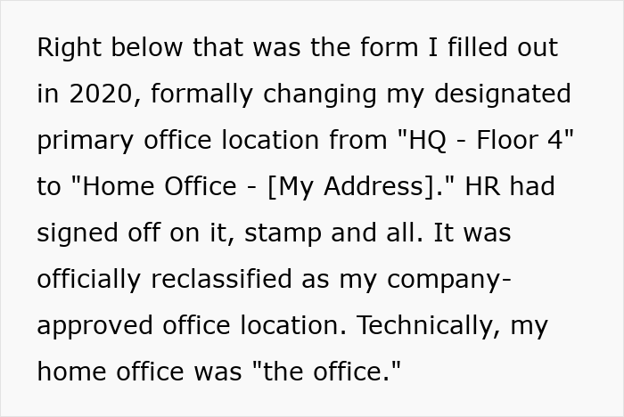 Text showing the form filled out in 2020, formally changing the primary office location to home office, approved by HR. Text showing the form filled out in 2020, formally changing the primary office location to home office, approved by HR.