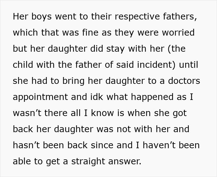 Text detailing how the daughter's child was not returned after a doctor's appointment. Text detailing how the daughter's child was not returned after a doctor's appointment.
