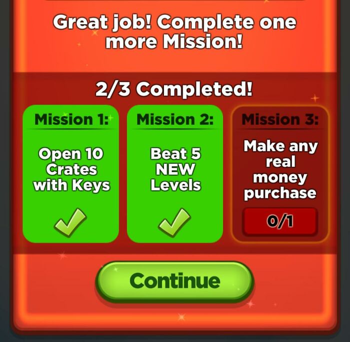 Mobile game mission screen requiring a real money purchase to progress, showing terrible product design.