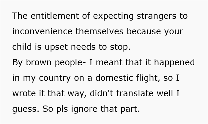 Text explaining frustration with parents expecting strangers to inconvenience themselves for an upset child on an airplane flight. Text explaining frustration with parents expecting strangers to inconvenience themselves for an upset child on an airplane flight.