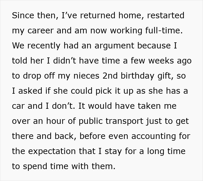 Screenshot of an online post detailing an argument about a niece's 2nd birthday gift and being a bad aunt.