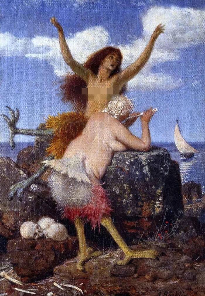 A strange famous painting shows two mythical figures by the sea, one with a bird-like body, a sailboat in the distance.