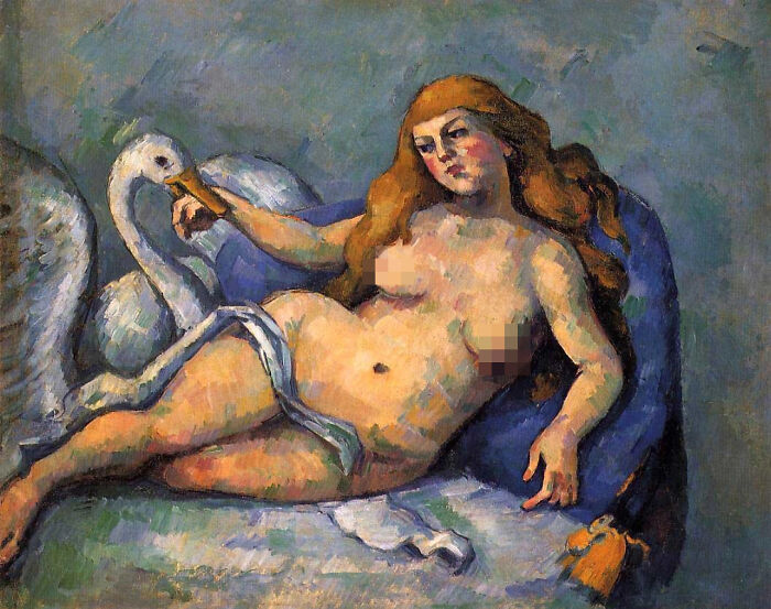 A woman with long red hair reclines on a blue couch, interacting with a white swan, a strange famous painting.