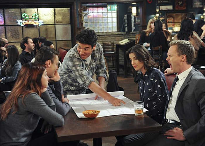 The HIMYM group discussing a plan around a table in MacLaren's Pub with Robin Scherbatsky, a notable face card on TV The HIMYM group discussing a plan around a table in MacLaren's Pub with Robin Scherbatsky, a notable face card on TV