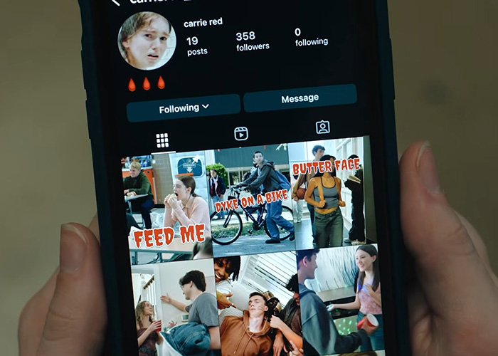 A smartphone displays a social media profile with images of bullying, reflecting the Gen Z Stephen King adaptation. A smartphone displays a social media profile with images of bullying, reflecting the Gen Z Stephen King adaptation.