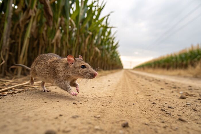 A small rat scurrying across a dirt path next to a field of corn, revealing industry secrets.
