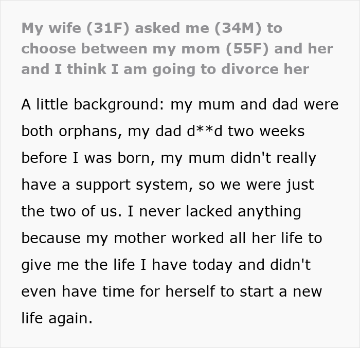 Text excerpt about wife ultimatum and husband questioning marriage over sick mom