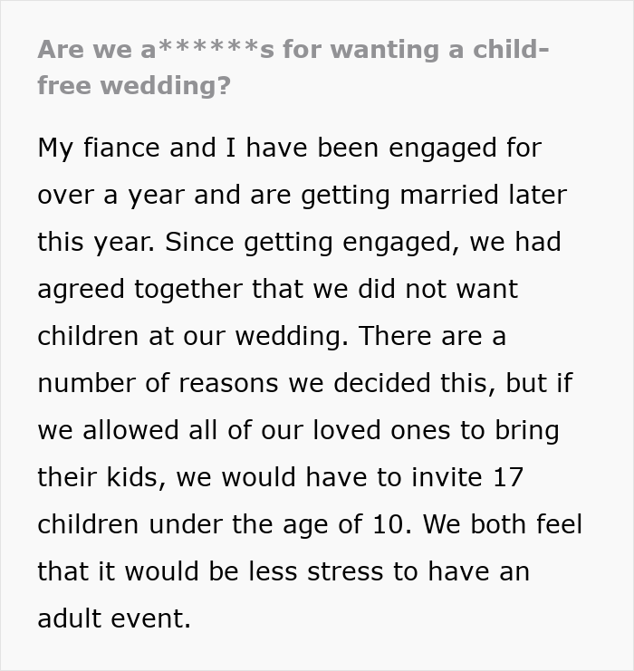 Screenshot of text asking if it's wrong to want a child-free wedding, explaining the decision to have an adult event.