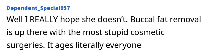 A comment from Dependent_Special957 discussing Jennifer Lawrence's plastic surgery, specifically buccal fat removal.