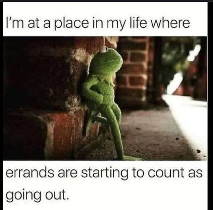 A relatable meme featuring Kermit the Frog leaning against a wall, illustrating errands counting as going out.