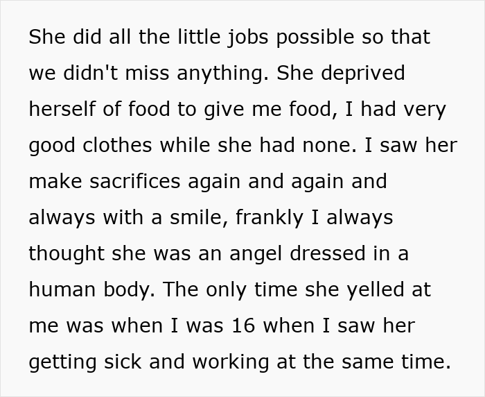 Text explains mother's sacrifices and son's gratitude and struggles with illness
