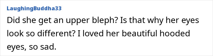 A comment from LaughingBuddha33 questioning Jennifer Lawrence's plastic surgery, specifically an upper bleph.