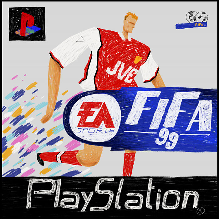Nostalgic painting of FIFA 99 for PlayStation, a homage to the golden era of gaming.