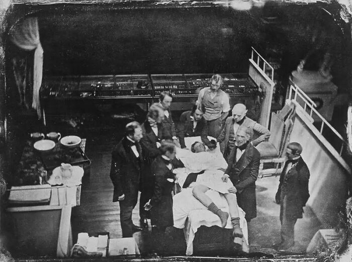 An early medical history daguerreotype depicting a surgical demonstration under ether anesthesia.