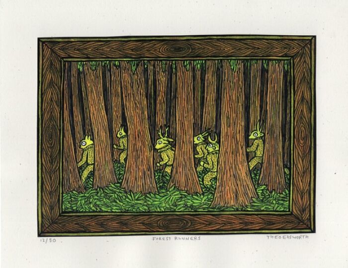 Theo Ellsworth art showing forest creatures hiding behind trees in a framed scene