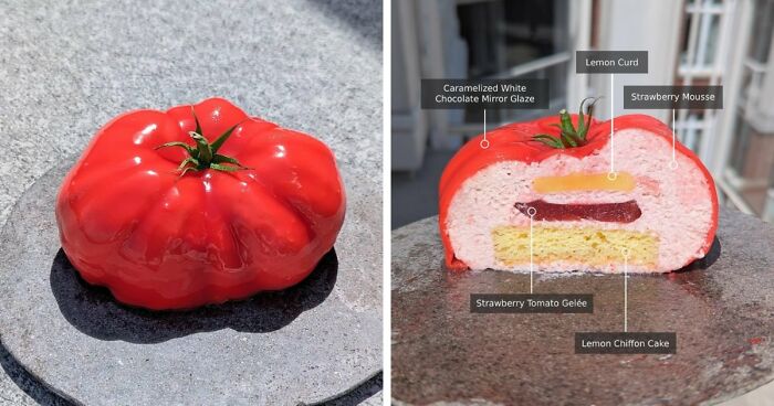A realistic tomato-shaped dessert, with a cross-section showing its layers of lemon chiffon, mousse, and gelee, an amazing baker's treat.